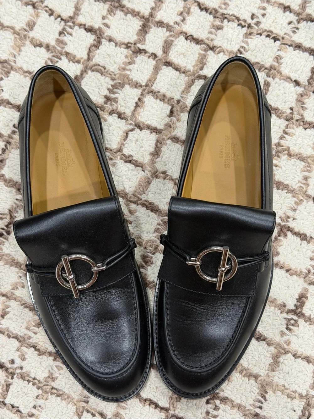 Hermes Black Leather Women's Loafers with Silver Ring Hardware